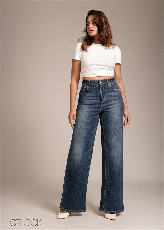 Mid Blue Wide Leg Jean - Short Length - 241225D