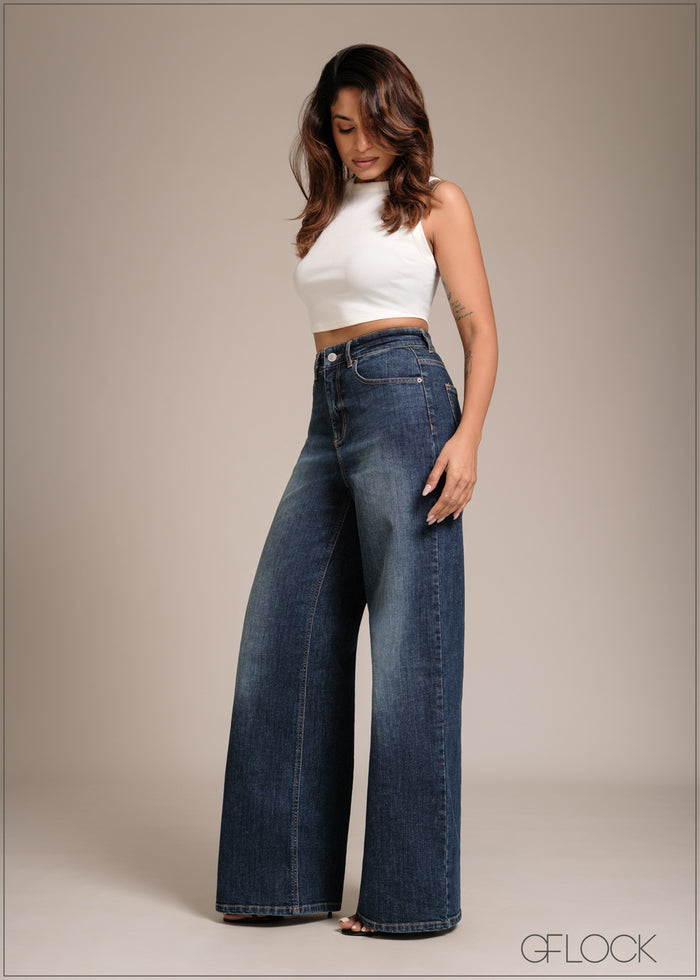 Mid Blue Wide Leg Jean - Short Length - 241225D