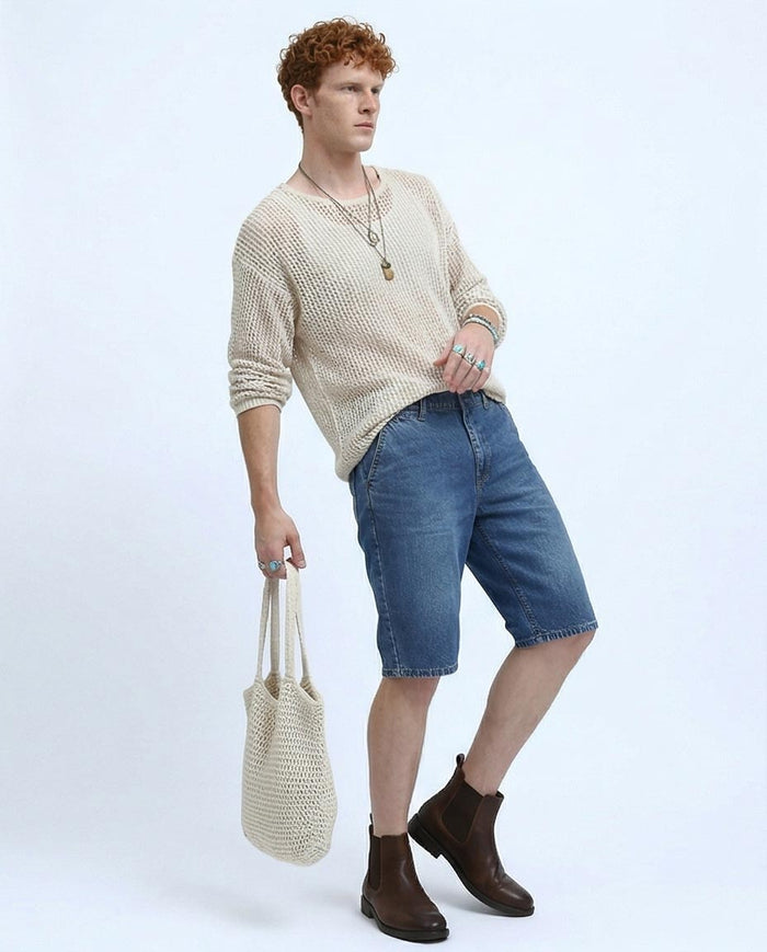 Mid-Wash Regular Fit Denim Shorts - O198727