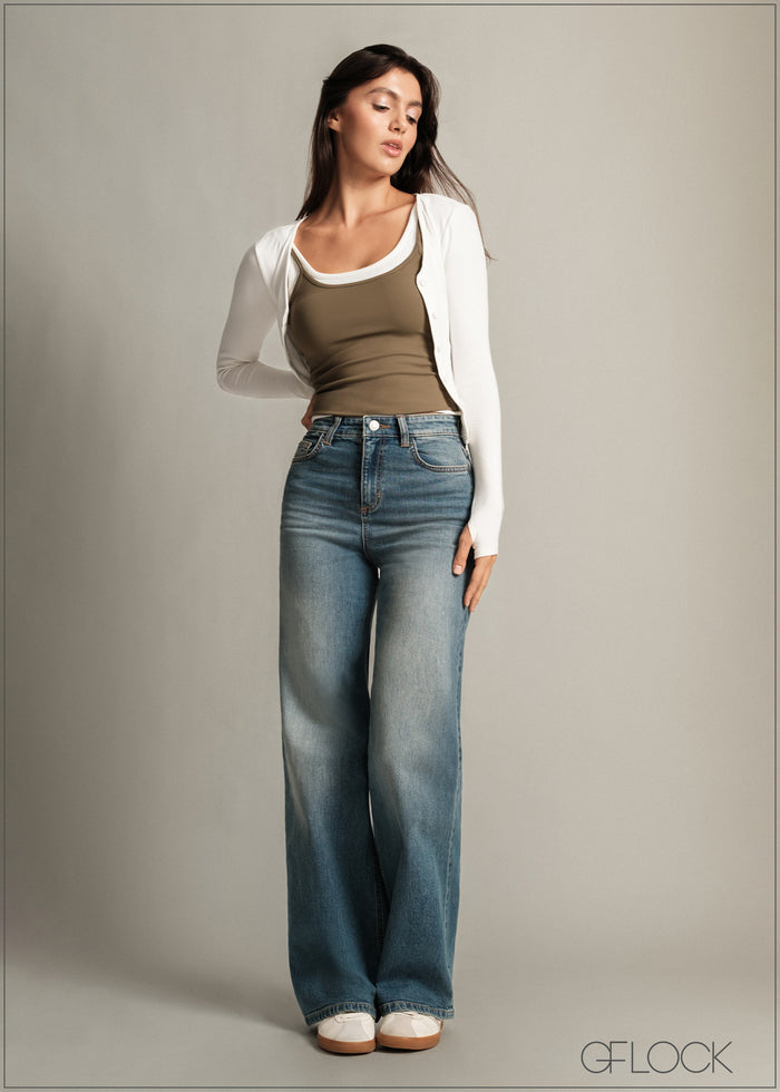 Mid Wash Wide Leg Jean - Long Length - 150726