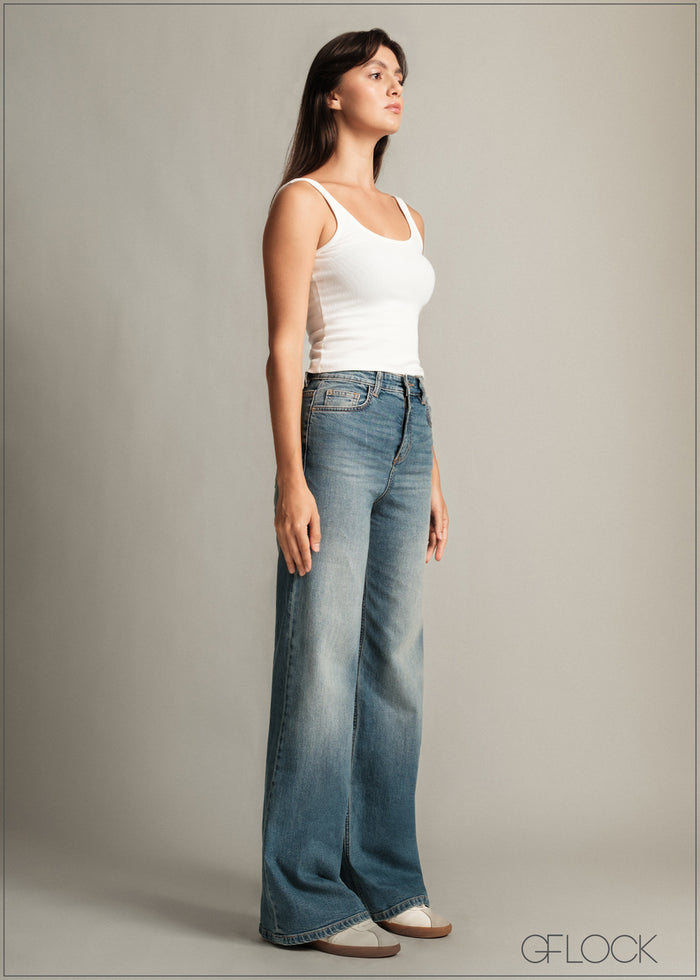 Mid Wash Wide Leg Jean - Long Length - 150726