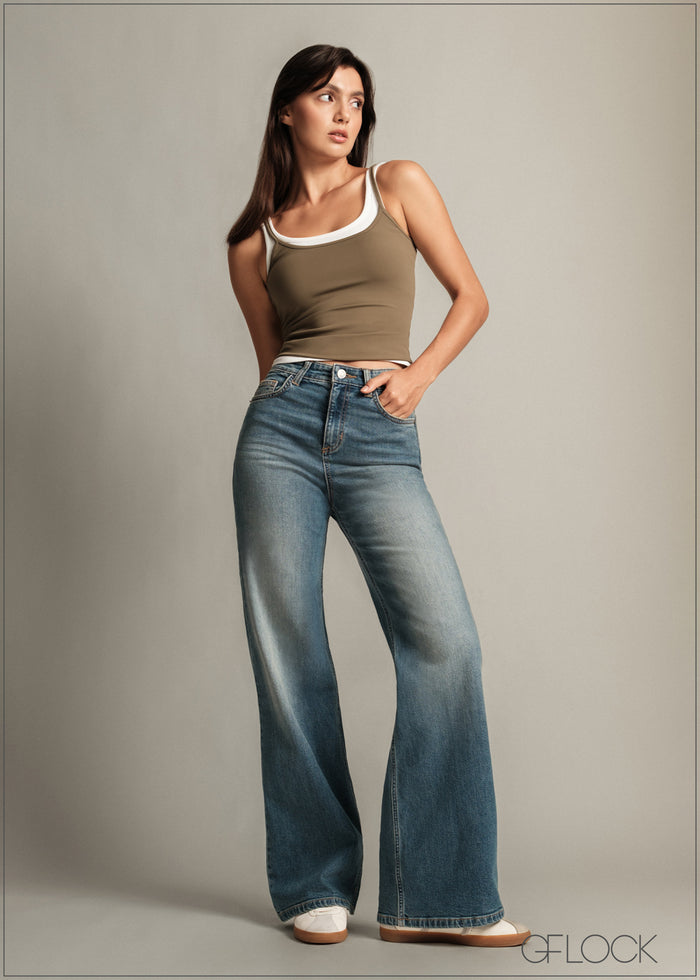 Mid Wash Wide Leg Jean - Short Length - 150726