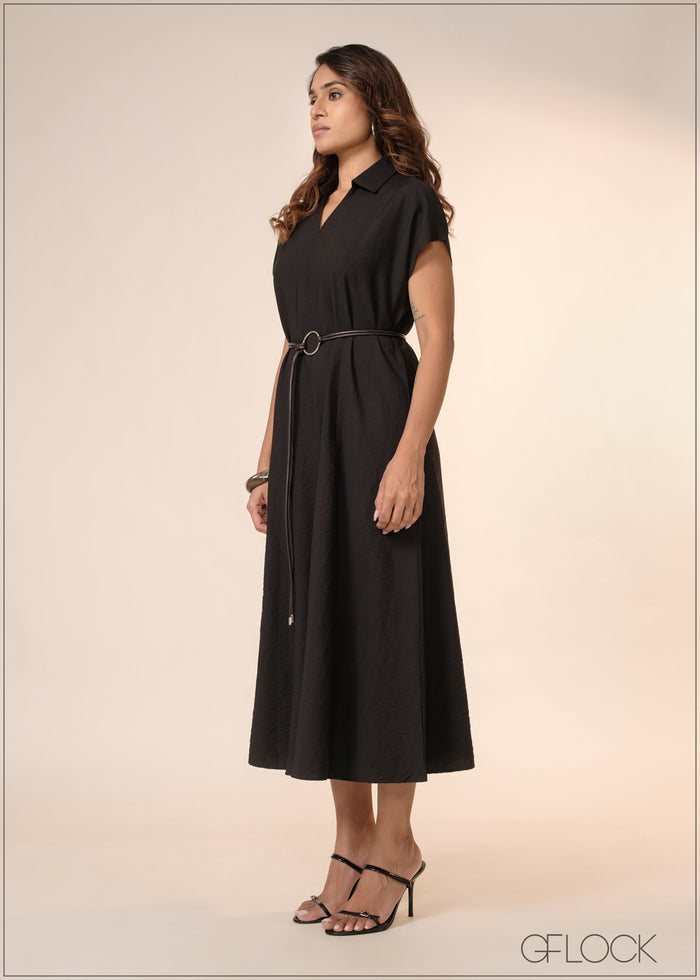 Midi Dress With Leather Belt - 040426