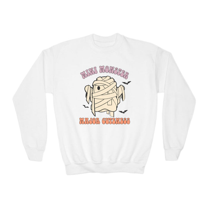 white sweatshirt with mini monster major cuteness mummy graphic and retro lettering for kids