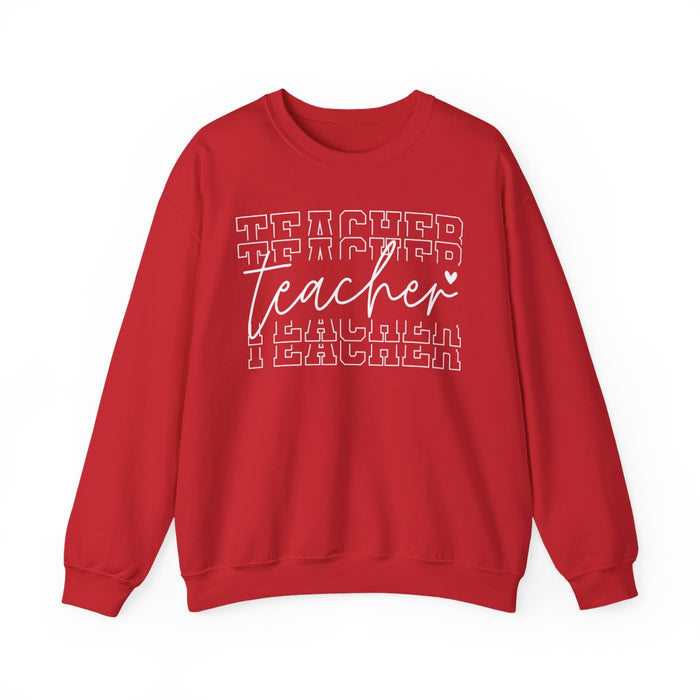 red crewneck sweatshirt with minimalist teacher graphic detail