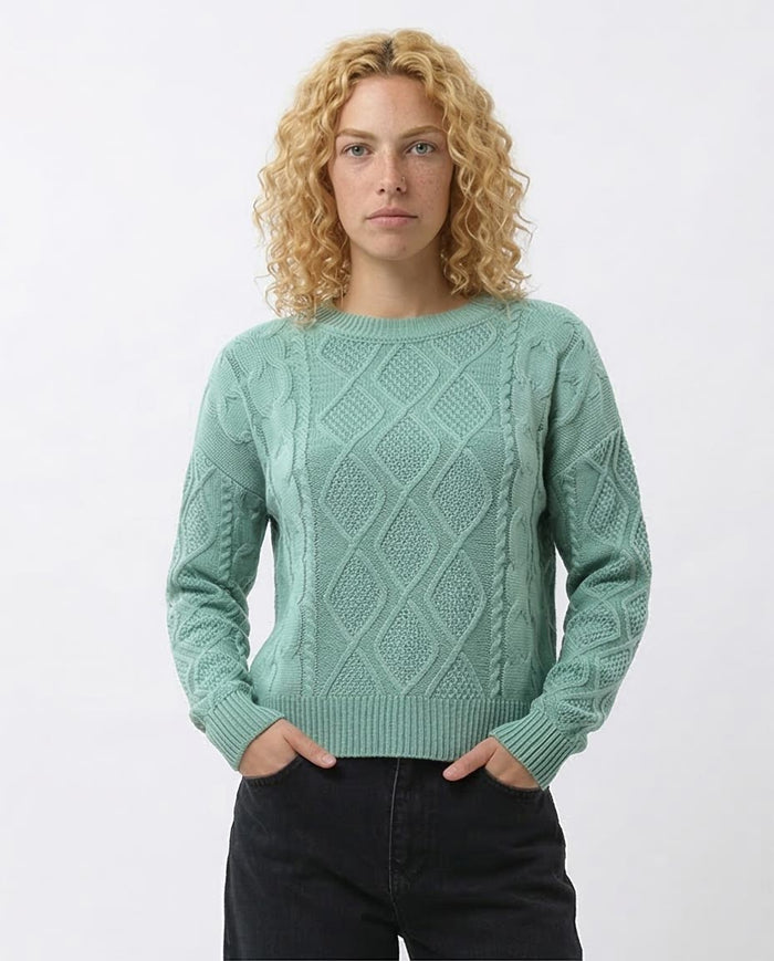 Mint Green Diamond Cable Knit Crewneck Pullover - O199845