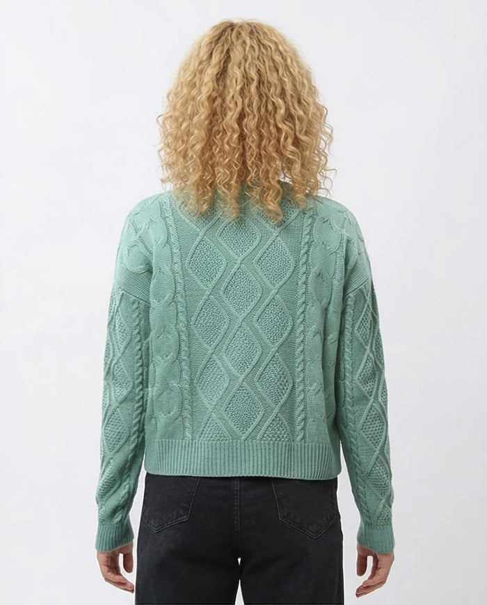 Mint Green Diamond Cable Knit Crewneck Pullover - O199845