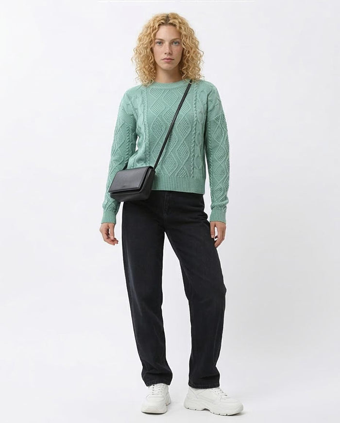 Mint Green Diamond Cable Knit Crewneck Pullover - O199845