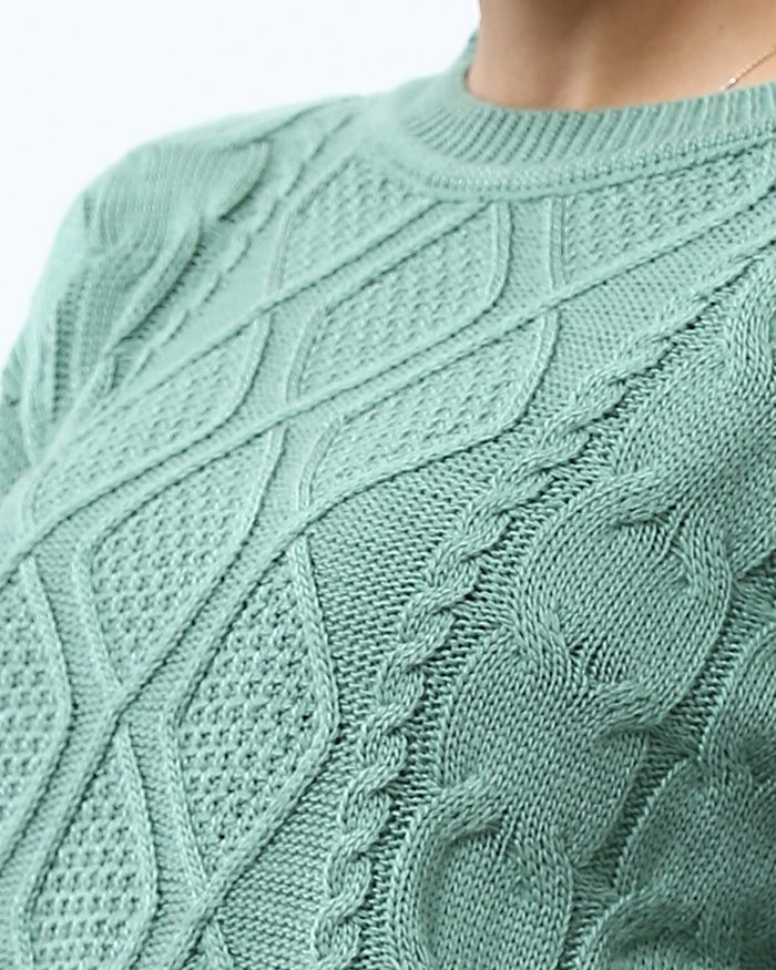 Mint Green Diamond Cable Knit Crewneck Pullover - O199845