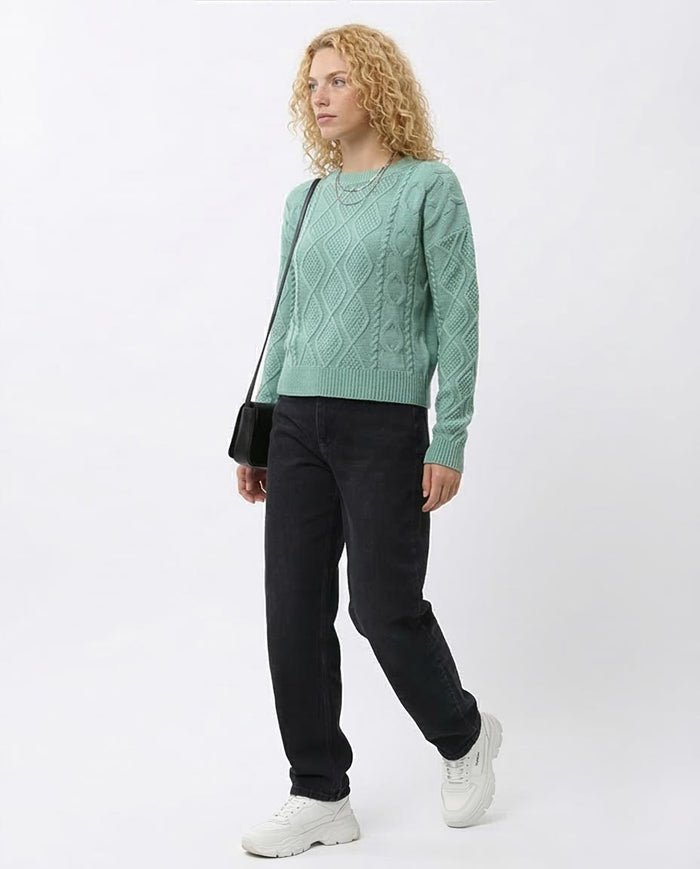 Mint Green Diamond Cable Knit Crewneck Pullover - O199845