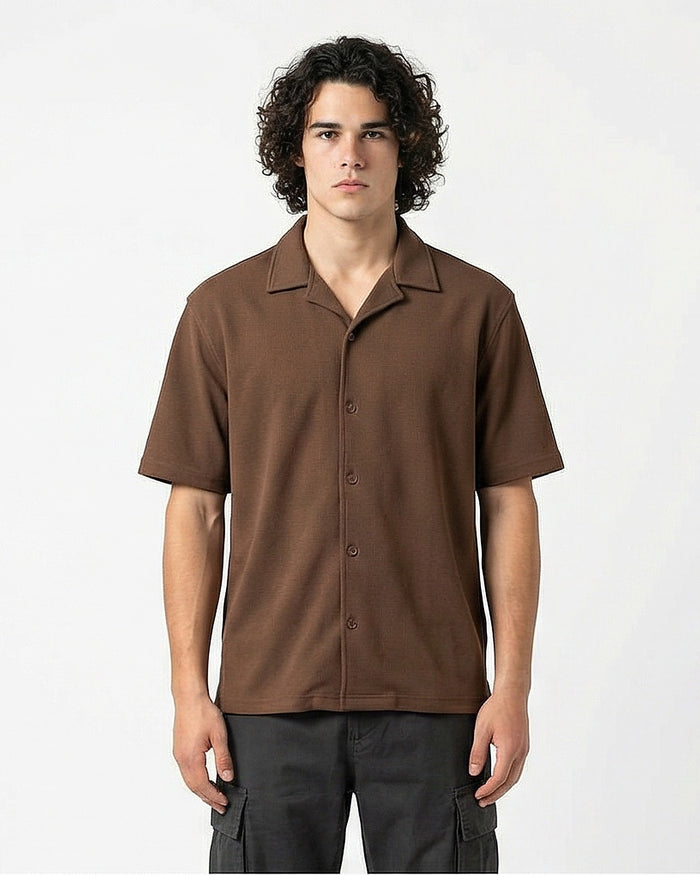 Mocha Textured Knit Short Sleeve Camp Collar Shirt - R216754