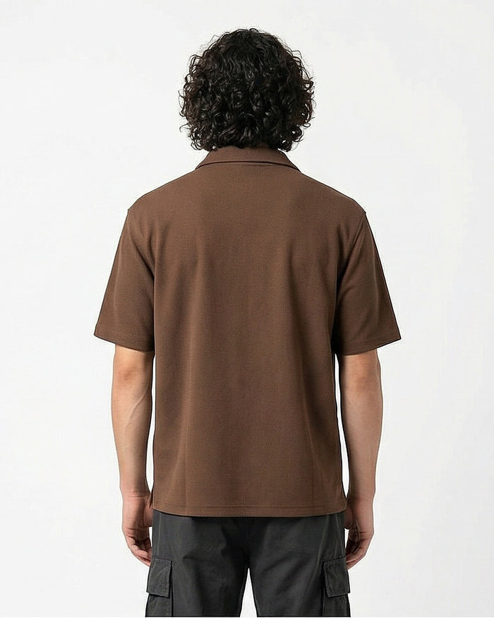 Mocha Textured Knit Short Sleeve Camp Collar Shirt - R216754