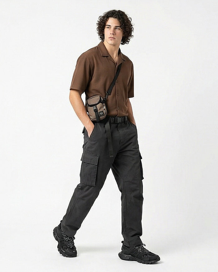 Mocha Textured Knit Short Sleeve Camp Collar Shirt - R216754