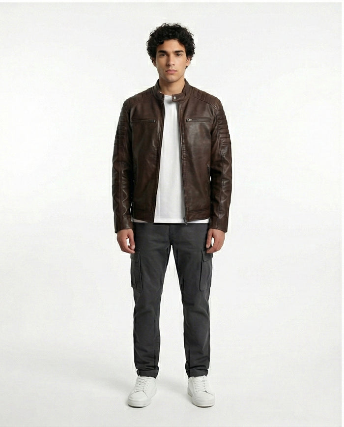Modern Brown Moto-Inspired Faux Leather Jacket