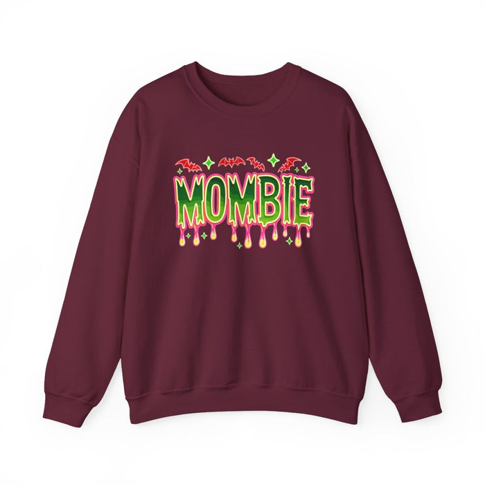 dark heather sweatshirt with mombie dripping text and bat accents funny mom halloween design