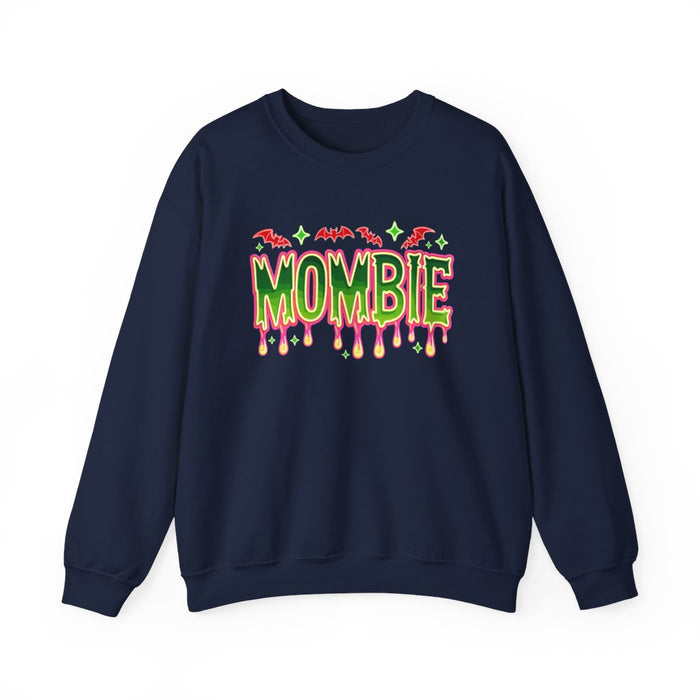 navy sweatshirt with bold mombie design and bat accents halloween gift