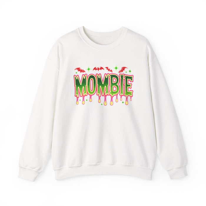 white sweatshirt with colorful mombie halloween graphic for moms