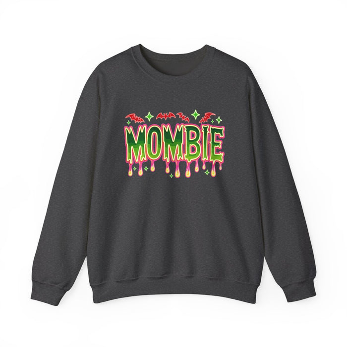 black sweatshirt with mombie dripping text and bat halloween design