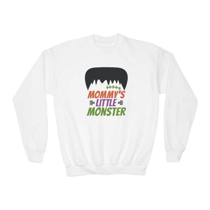 white sweatshirt with mommy's little monster funny Halloween design for kids