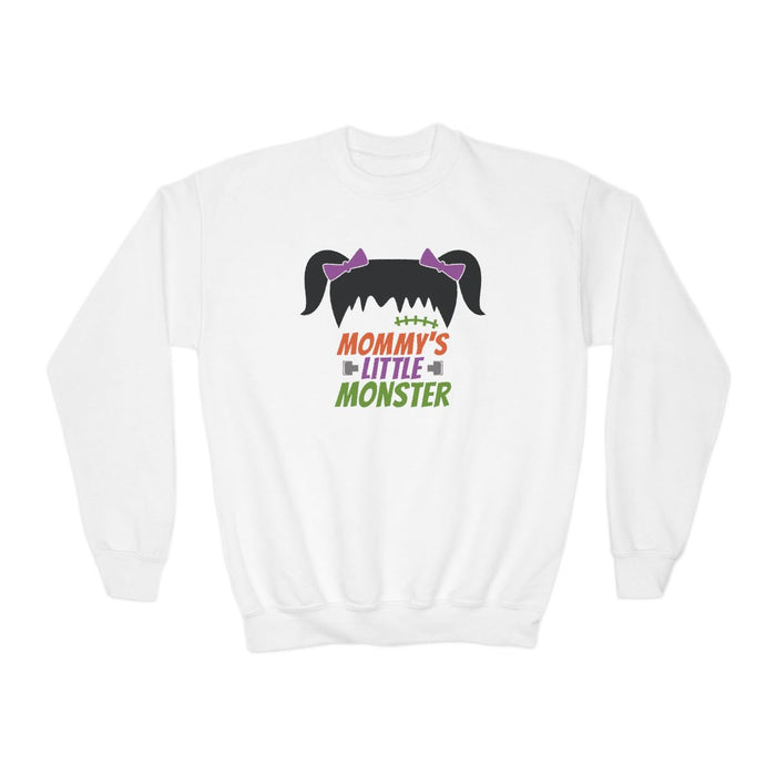 white kids sweatshirt with mommy's little monster cute design for halloween