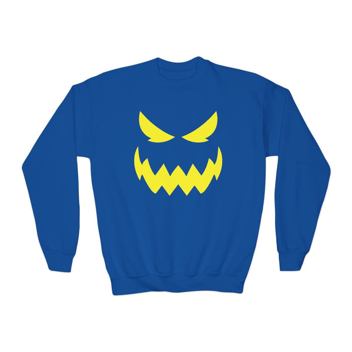 blue sweatshirt with bold monster face design for kids halloween
