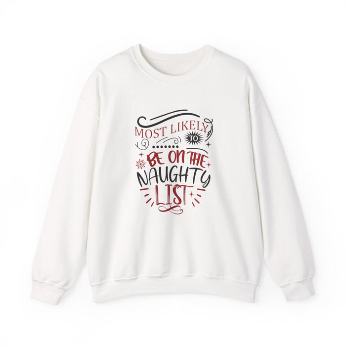light pink sweatshirt with most likely to be on the naughty list christmas design
