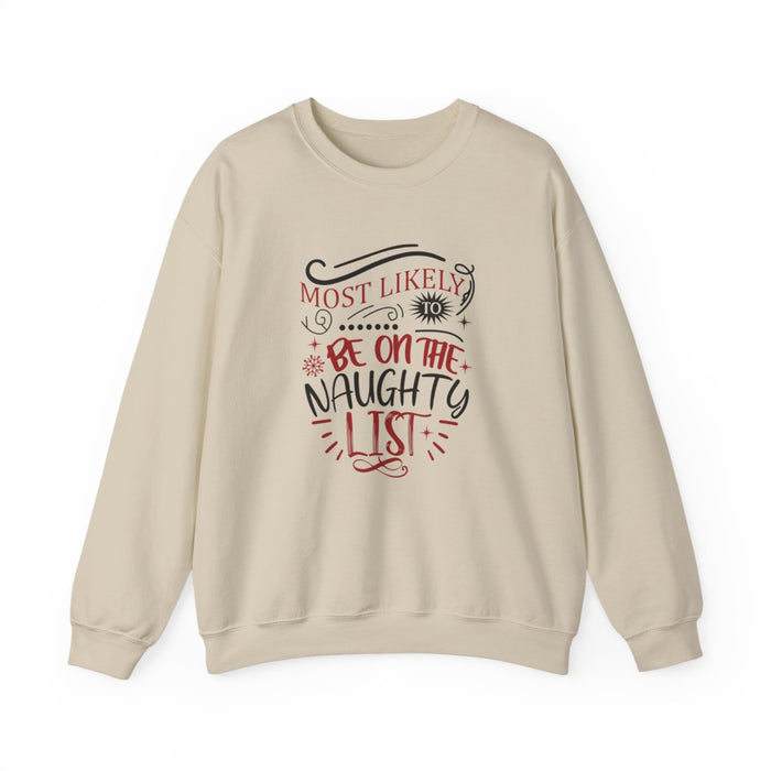 white sweatshirt with bold naughty list christmas slogan print