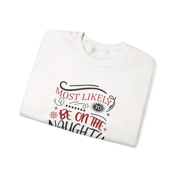 light pink naughty list christmas sweatshirt flat lay showing print detail