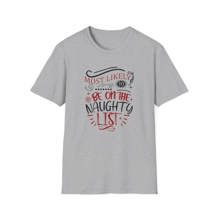 white t-shirt with most likely to be on the naughty list Christmas design