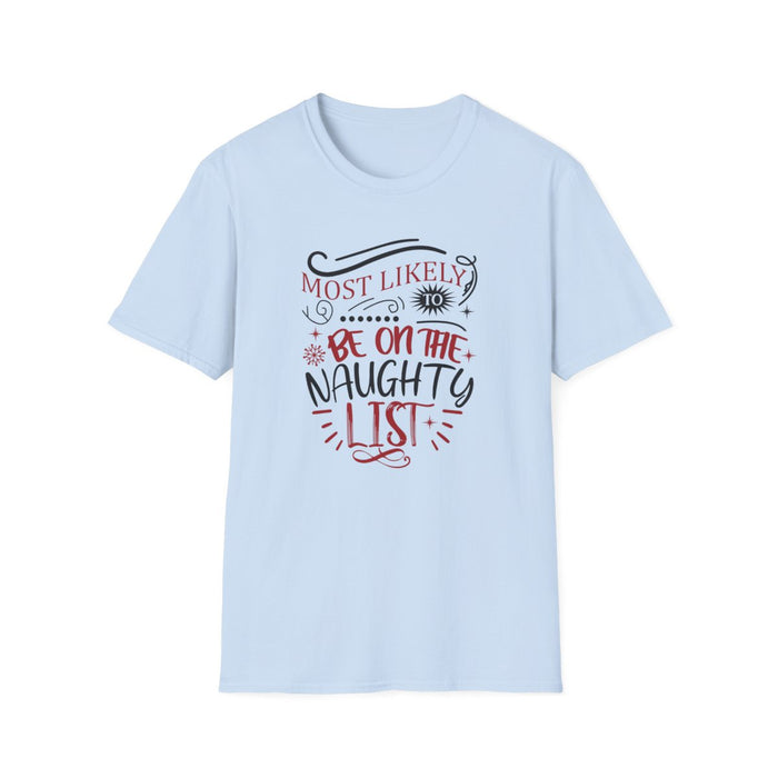 light blue t-shirt with naughty list festive graphic