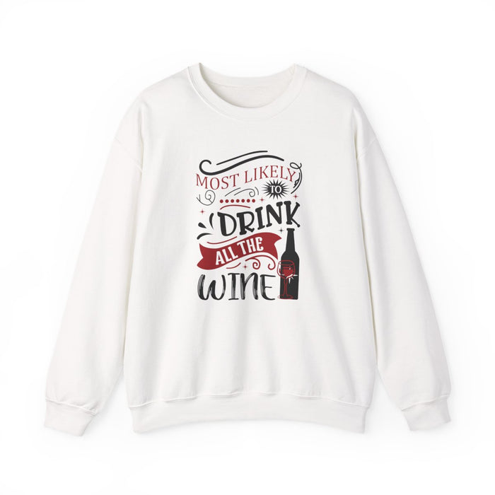 light pink sweatshirt with most likely to drink all the wine funny christmas design