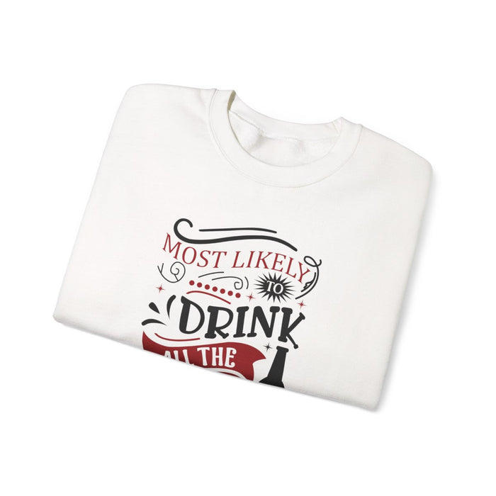 most likely to drink all the wine sweatshirt shown in light pink and sand colours