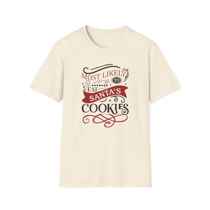 white t-shirt with most likely to eat santa's cookies funny christmas design