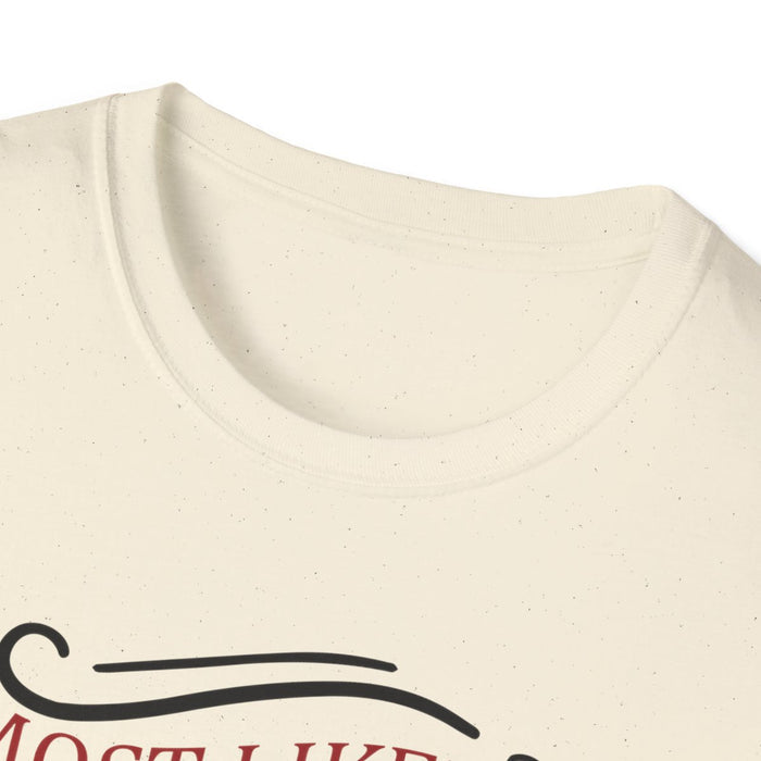 white tee close-up showing most likely to eat santa's cookies festive print