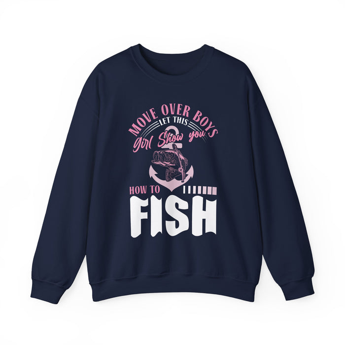 navy sweatshirt with fishing slogan graphic for women
