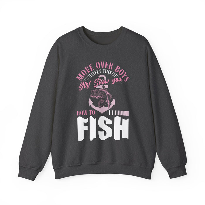 forest green sweatshirt with fishing humor design detail