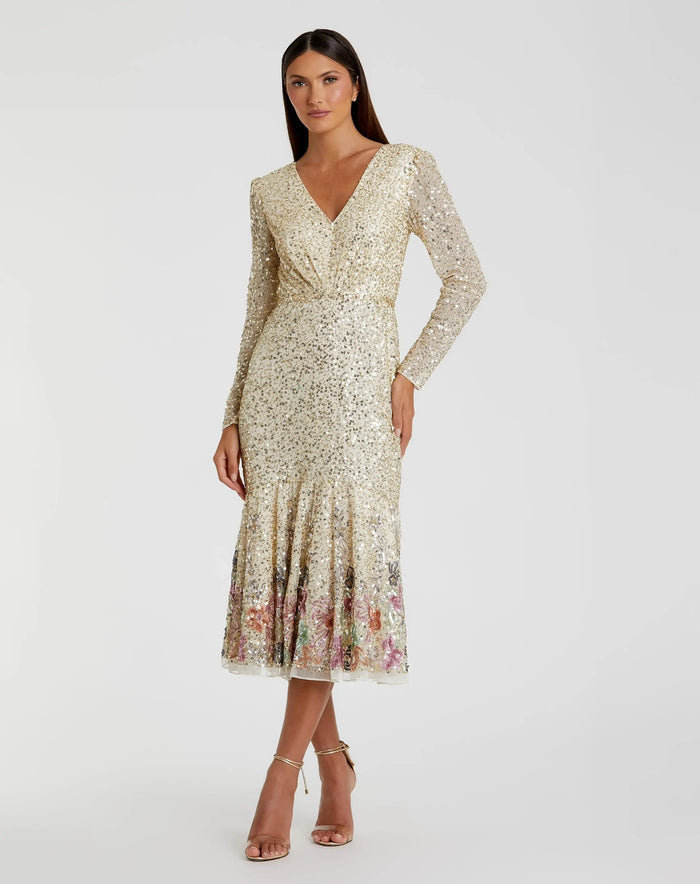 Gold Multicolor Faux Wrap Long Sleeve Tea Length Dress - Mac Duggal