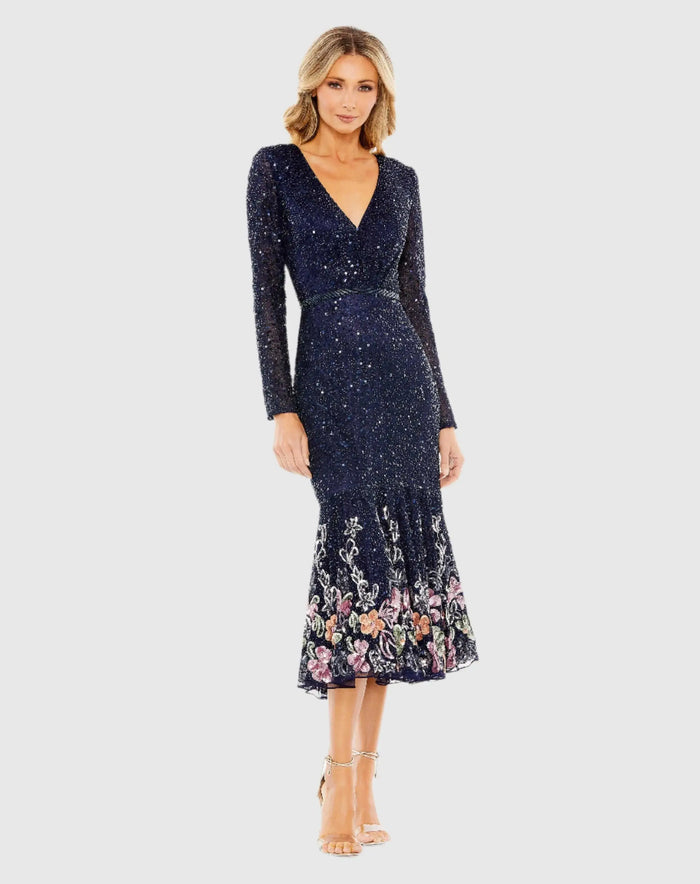 Navy Multicolor Faux Wrap Long Sleeve Tea Length Dress - Mac Duggal