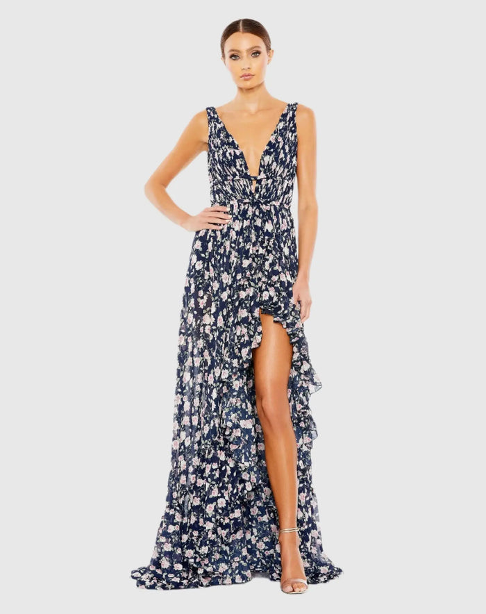 Navy Multicolor Floral Print Sleeveless Ruffled High-Low Gown - Mac Duggal
