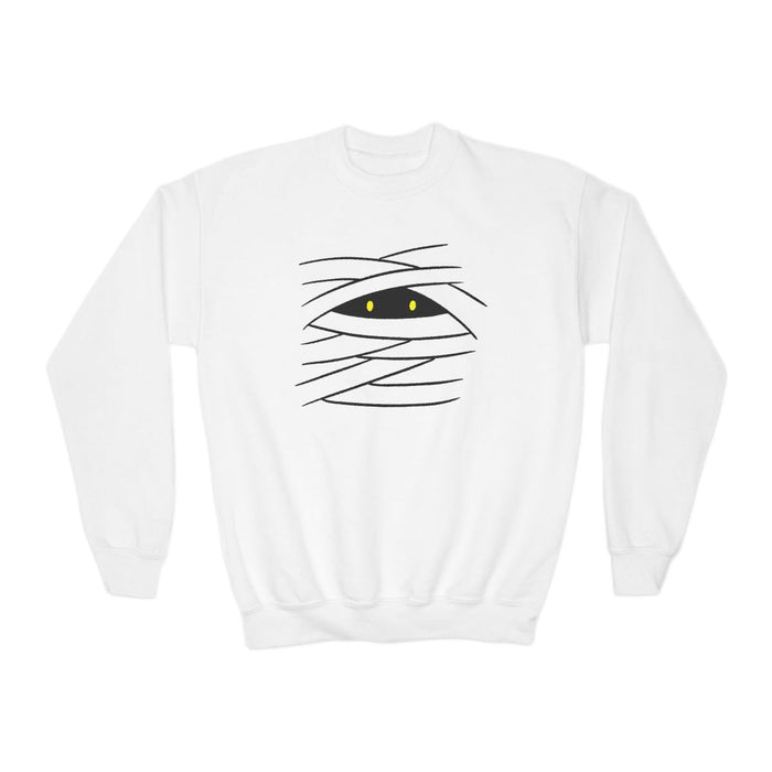 red sweatshirt with glowing mummy eyes halloween print for children