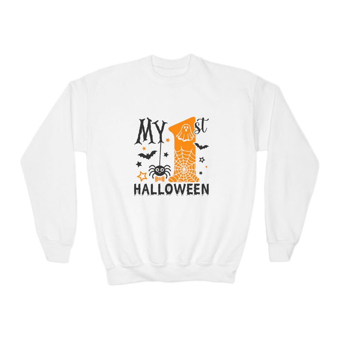 white sweatshirt with my 1st halloween design for baby and toddler first halloween