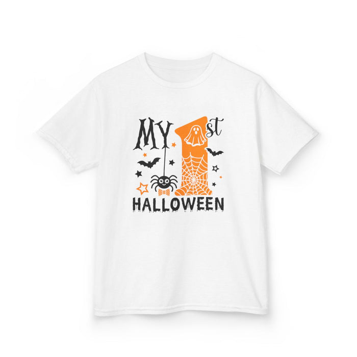 white kids t-shirt with my 1st halloween ghost and spooky graphics
