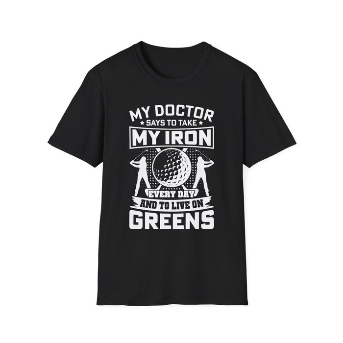 navy t-shirt with doctor iron joke golf slogan print for dads