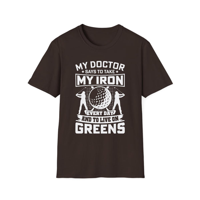 red t-shirt with humorous iron golf phrase graphic for golfers