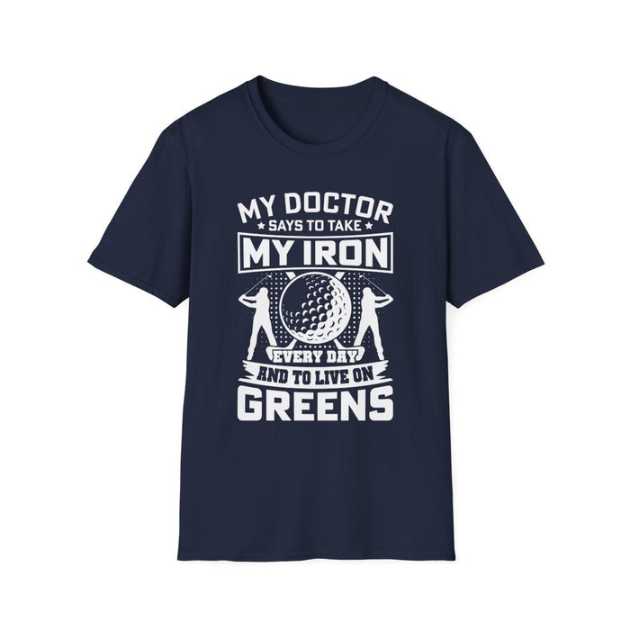 royal blue t-shirt with funny doctor says take my iron golf design