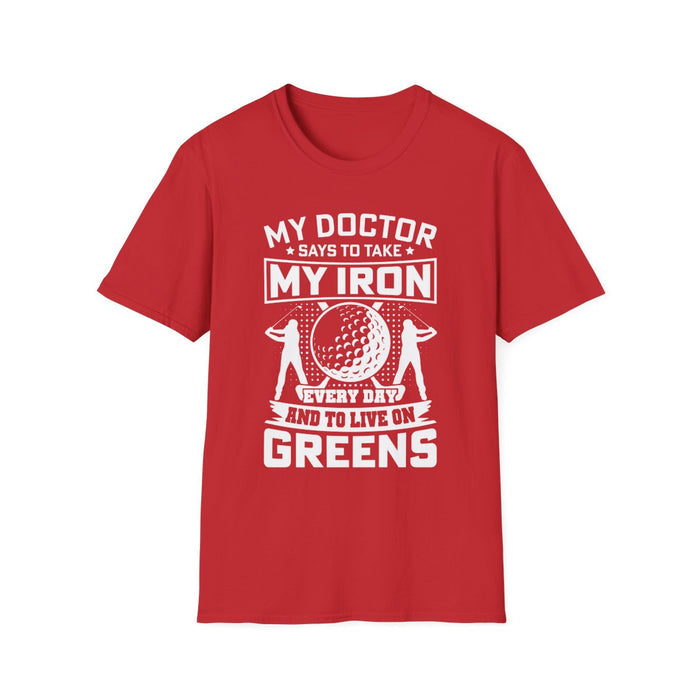 black t-shirt with my doctor says take my iron every day golf joke print