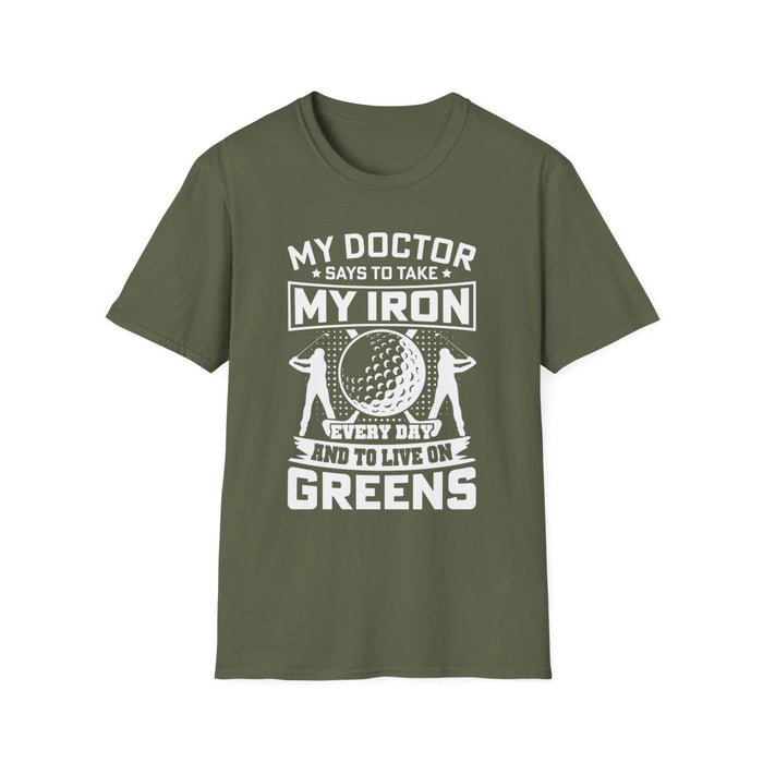 dark heather t-shirt with funny iron golf dad graphic design