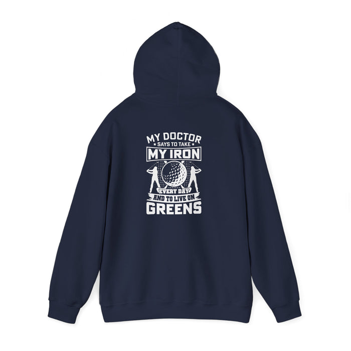 black hoodie with bold golf joke design