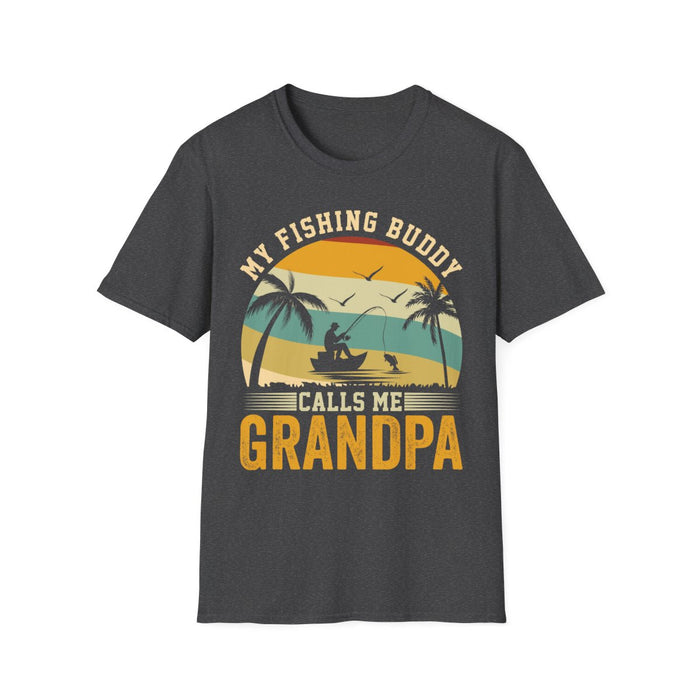 dark heather t-shirt with grandpa fishing buddy graphic worn casual