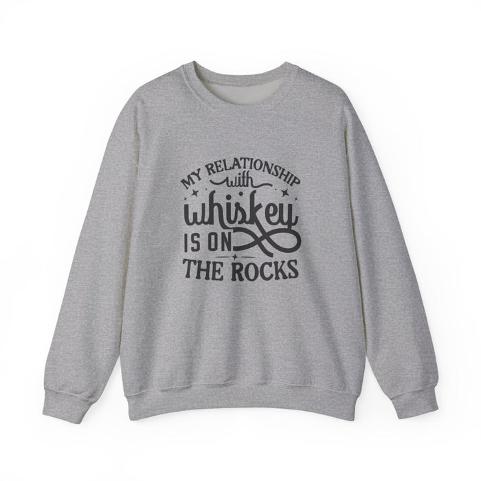 light pink sweatshirt with my relationship with whiskey is on the rocks funny design